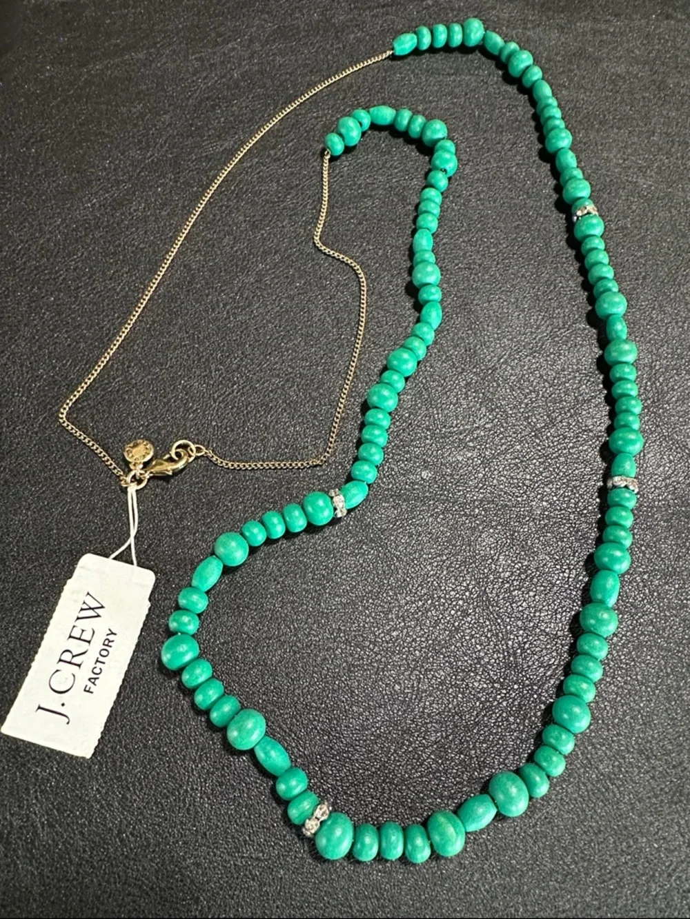 J Crew Factory Floating Wood Green Bead Rhinestone Spacer Necklace